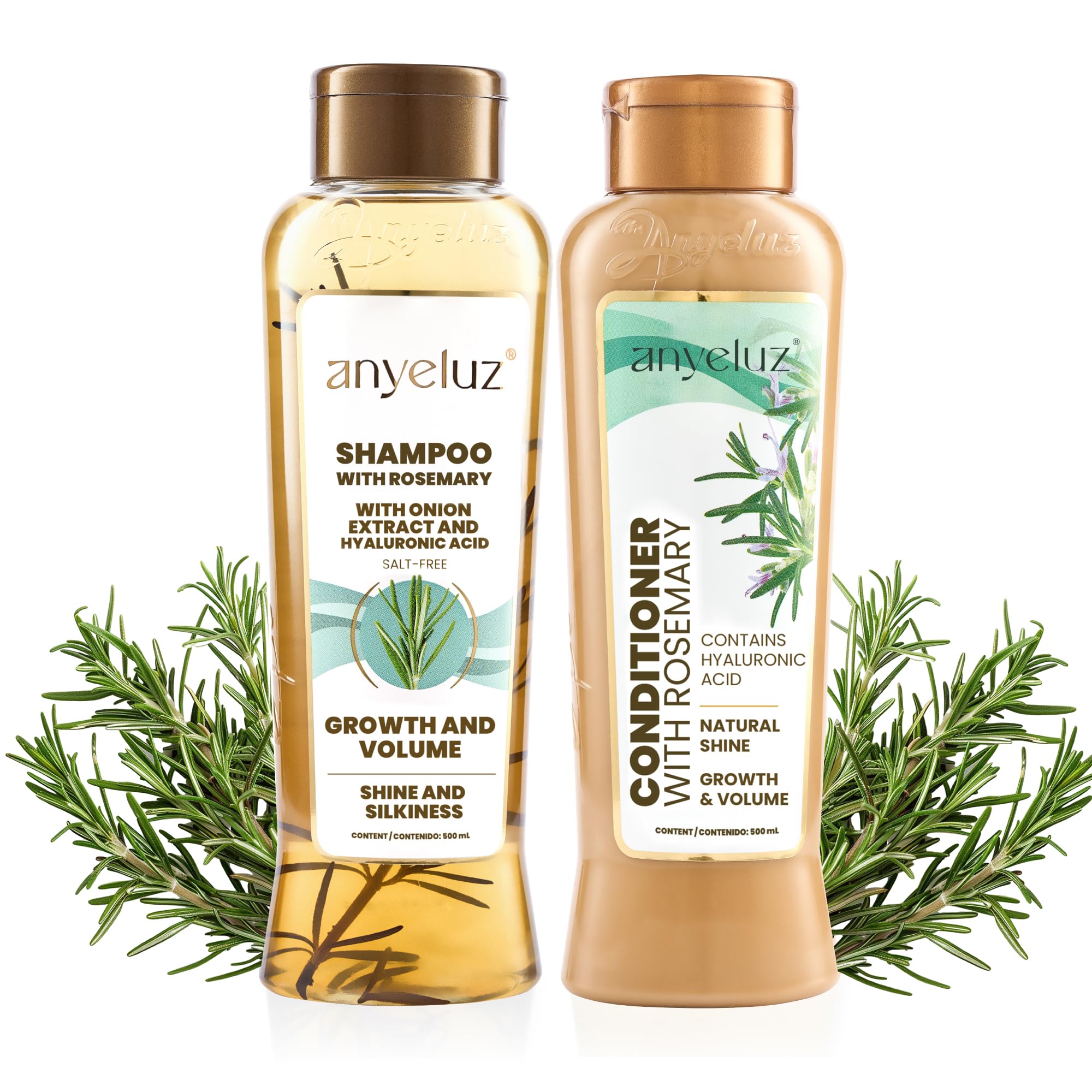 ANYELUZ shampoing romarin: bouteille élégante, parfum frais et soin quotidien des cheveux.