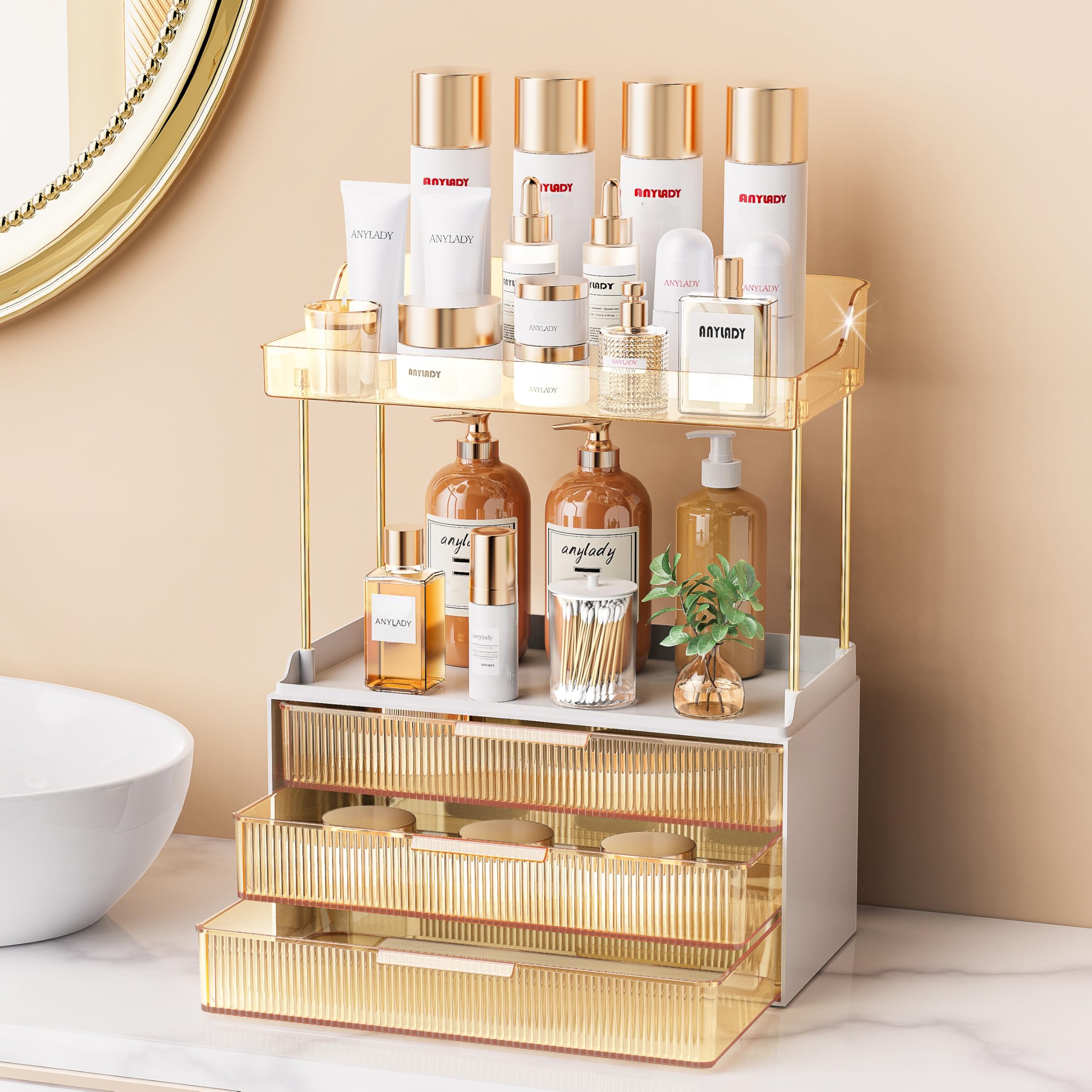 Anylady Organizador de baño dorado con 5 niveles, ideal para cosméticos y perfumes.