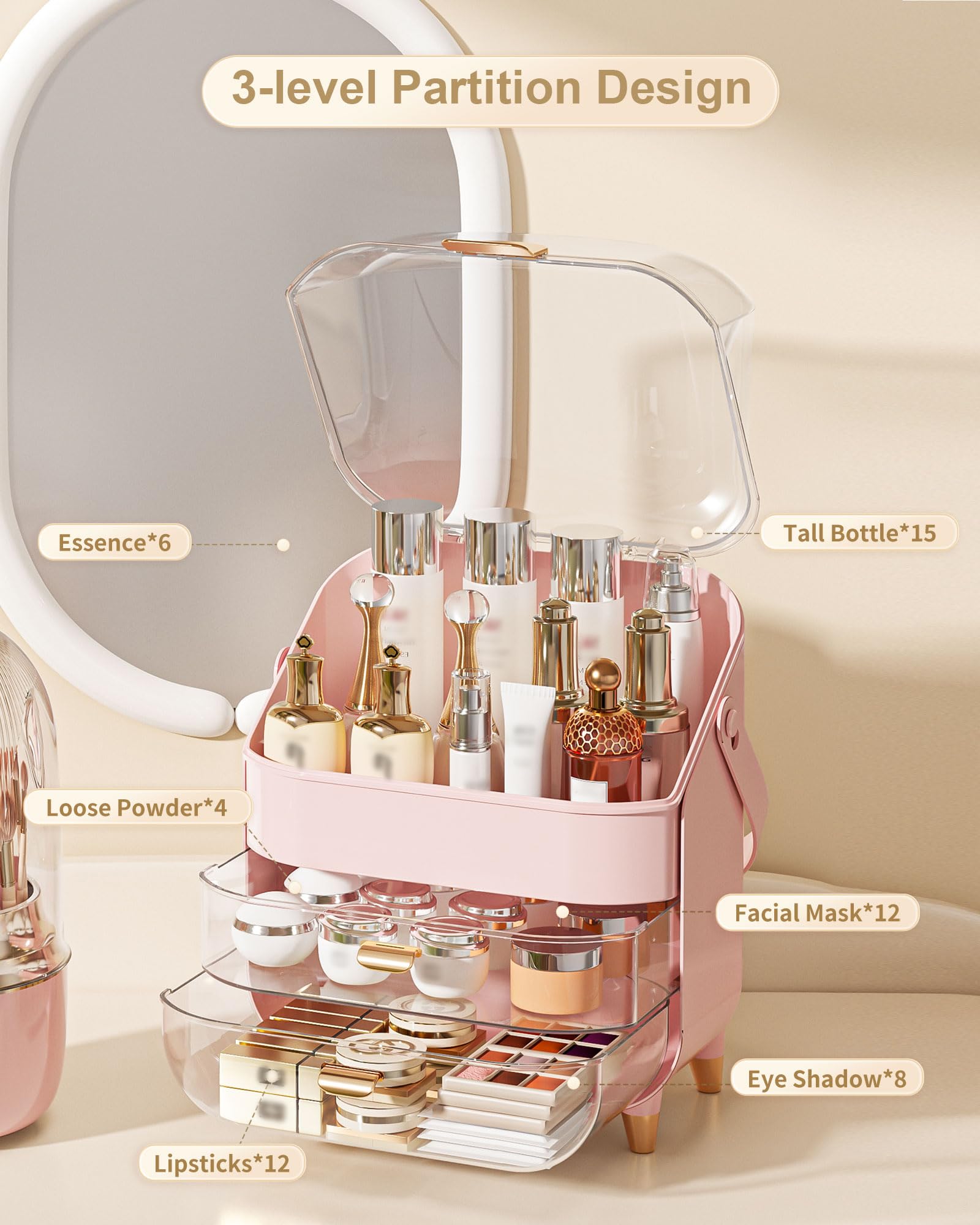 Anylady organizador de belleza con diseño rosado elegante para tocador