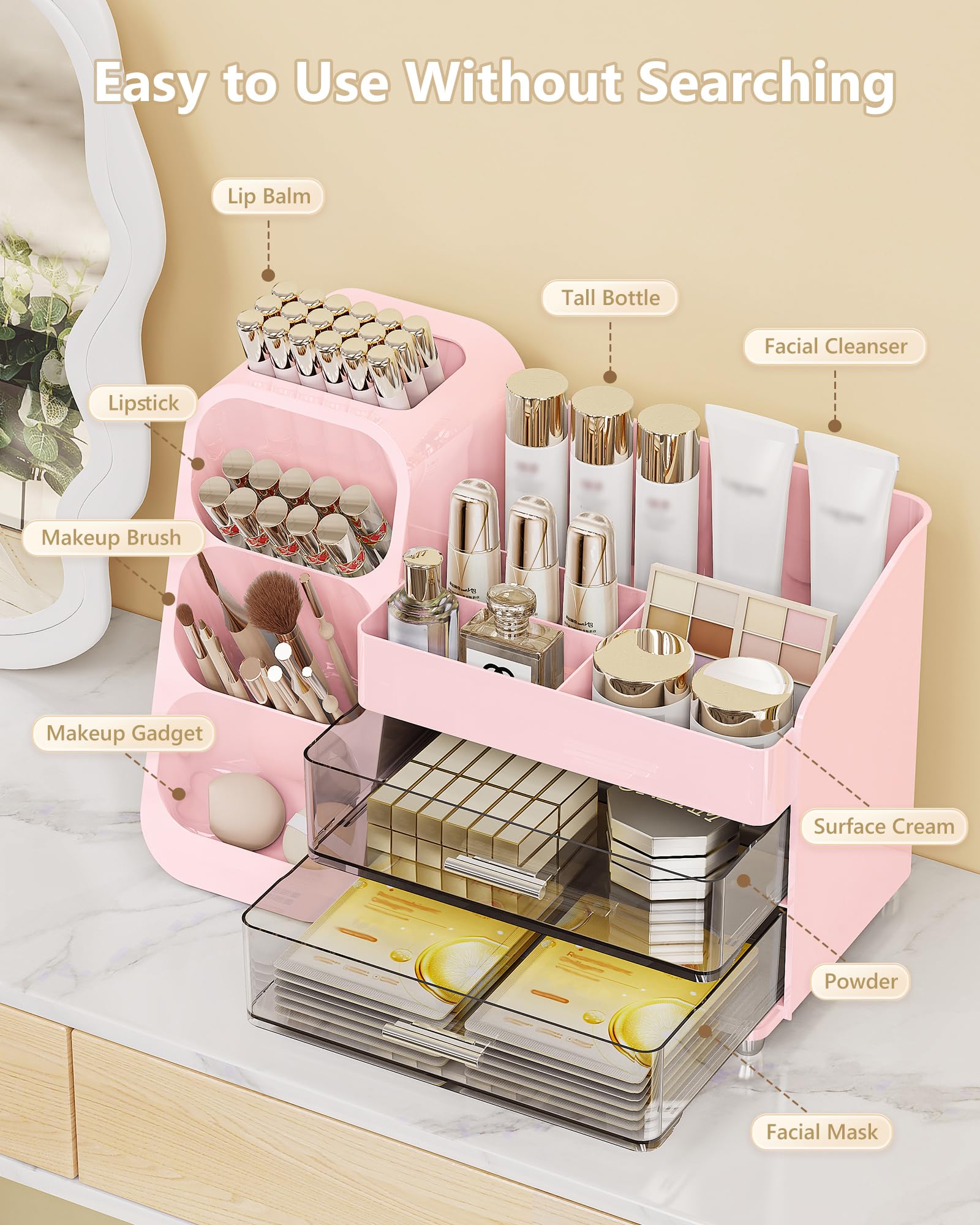 Anylady organizador cosméticos rosado en encimera mantiene brillo y orden