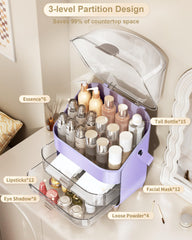 Anylady organizador cuidado piel tres niveles morado, muestra capacidad para frascos grandes.