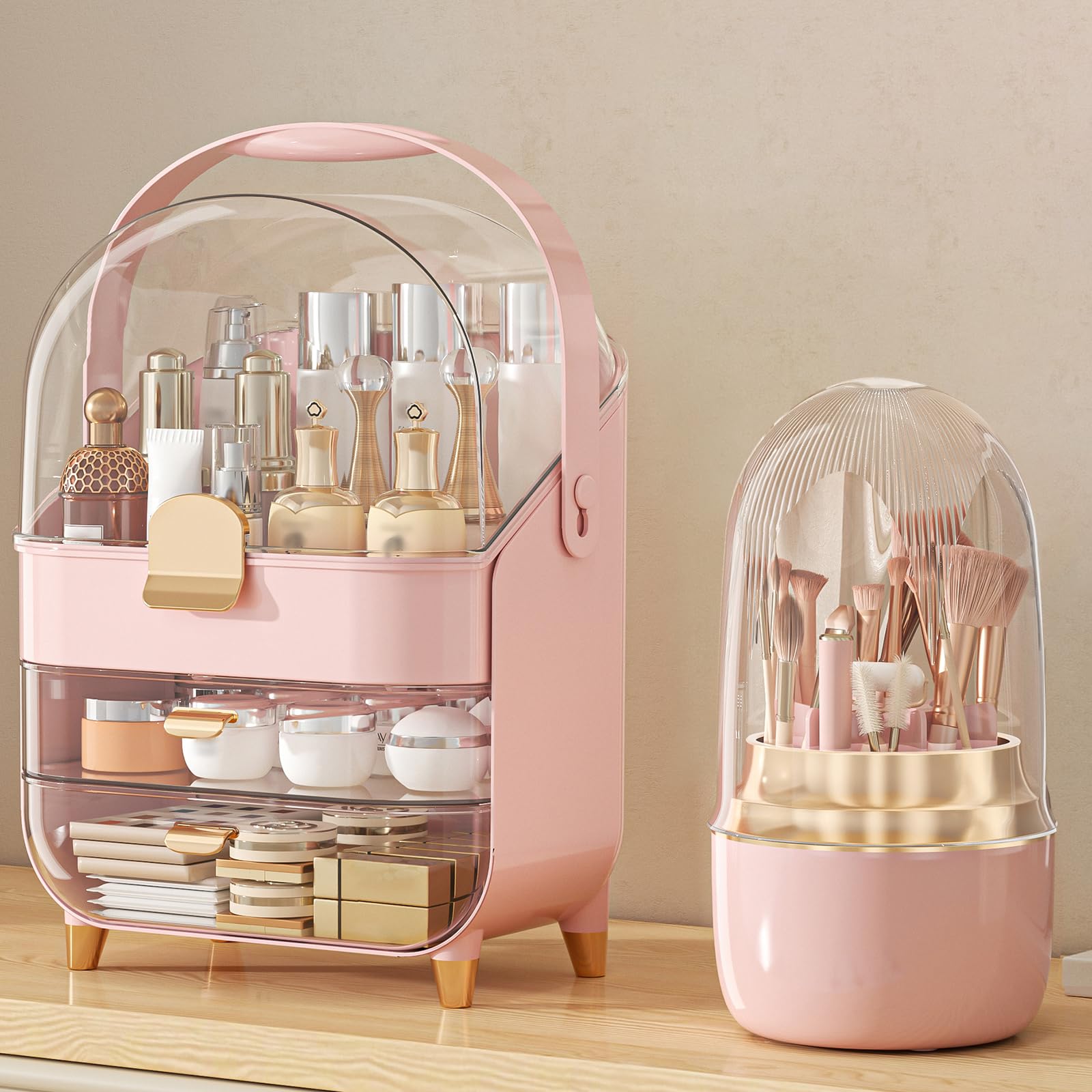 Anylady Organizador maquillaje con 3 estantes en rosa, útil para labiales y botellas.