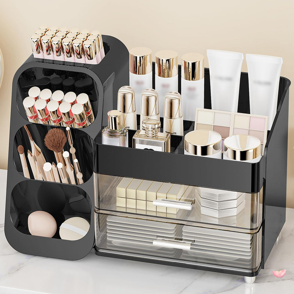 Anylady Organizador de maquillaje con cajones grande negro, ideal para cosméticos.