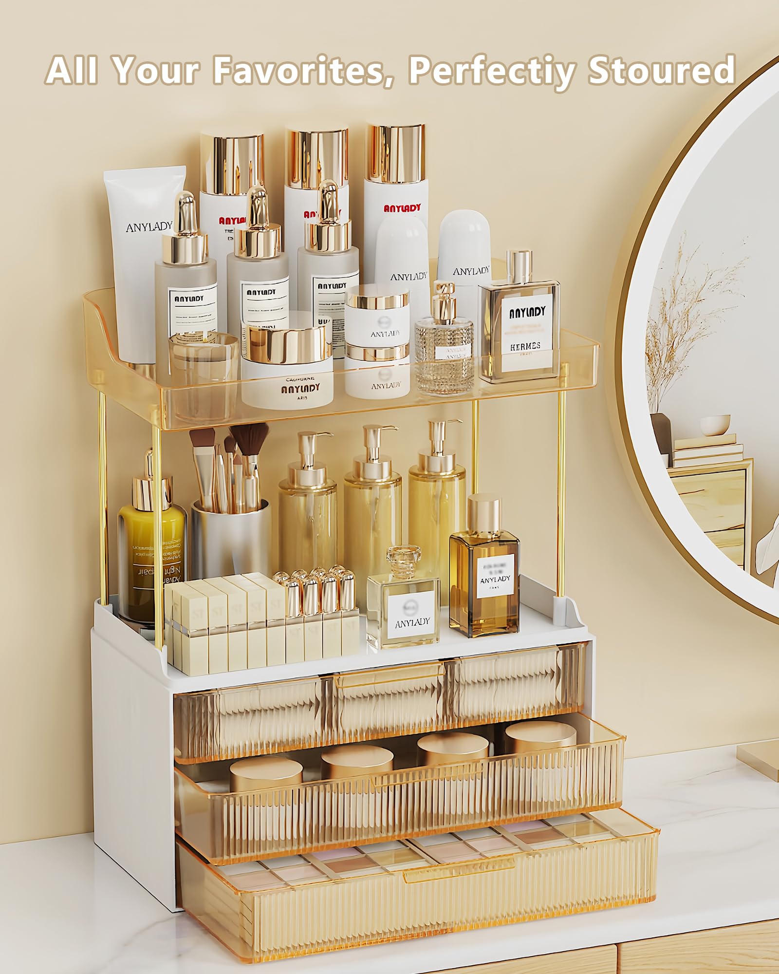 Anylady Organizador de maquillaje dorado con estructura de acero reforzado para durabilidad diaria.