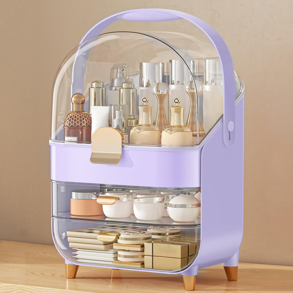 Anylady organizador de maquillaje en encimera morada, vista frontal con gran capacidad.