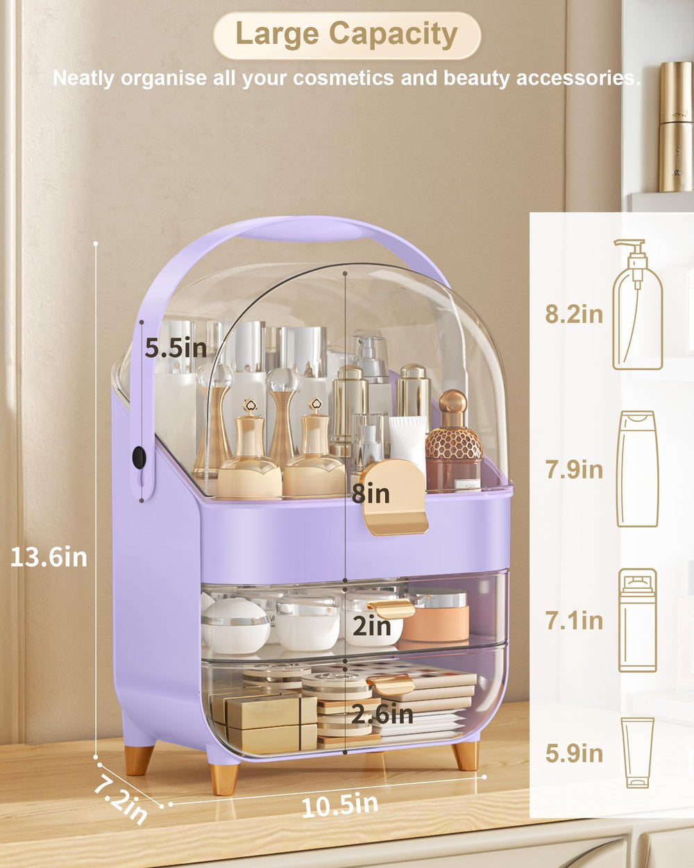Anylady organizador de maquillaje morado, vista superior facilita encontrar productos.