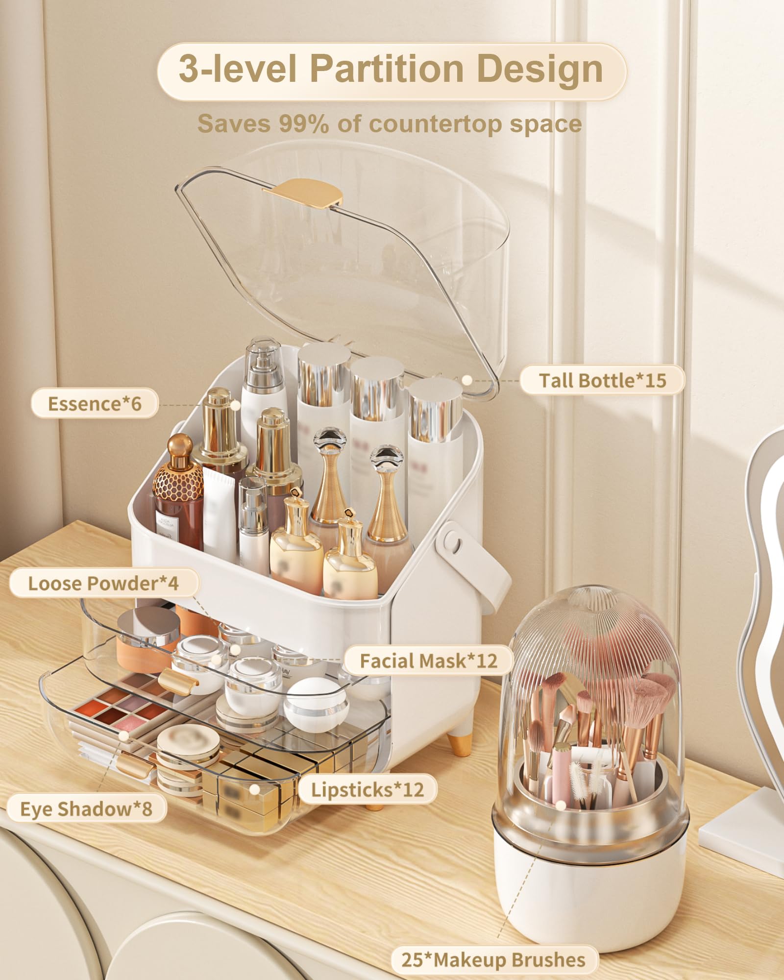 Espacio para labiales, sombras y brochas en el organizador Anylady