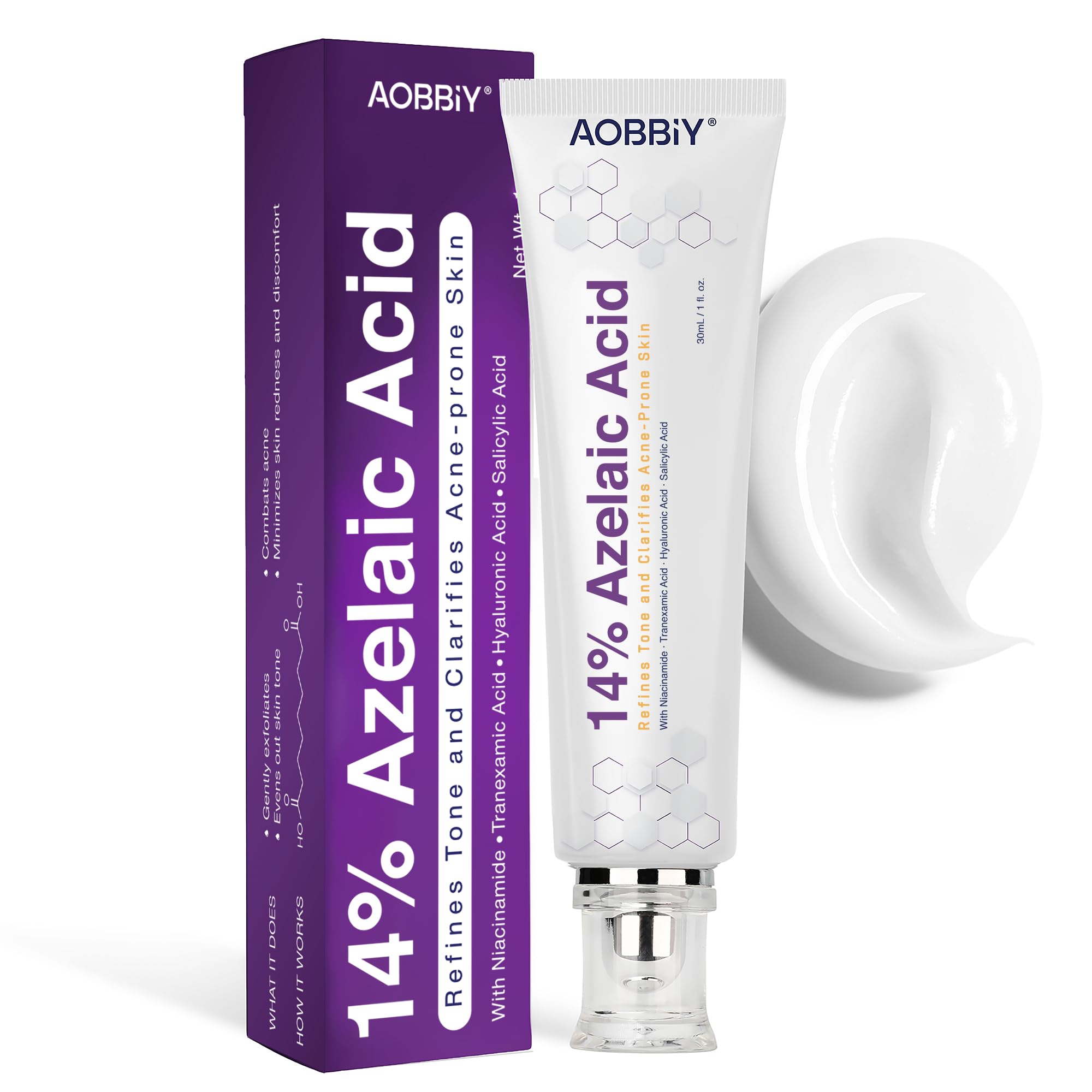 AOBBIY azelaic acid cream in a face tube showing a lightweight redness-soothing formula