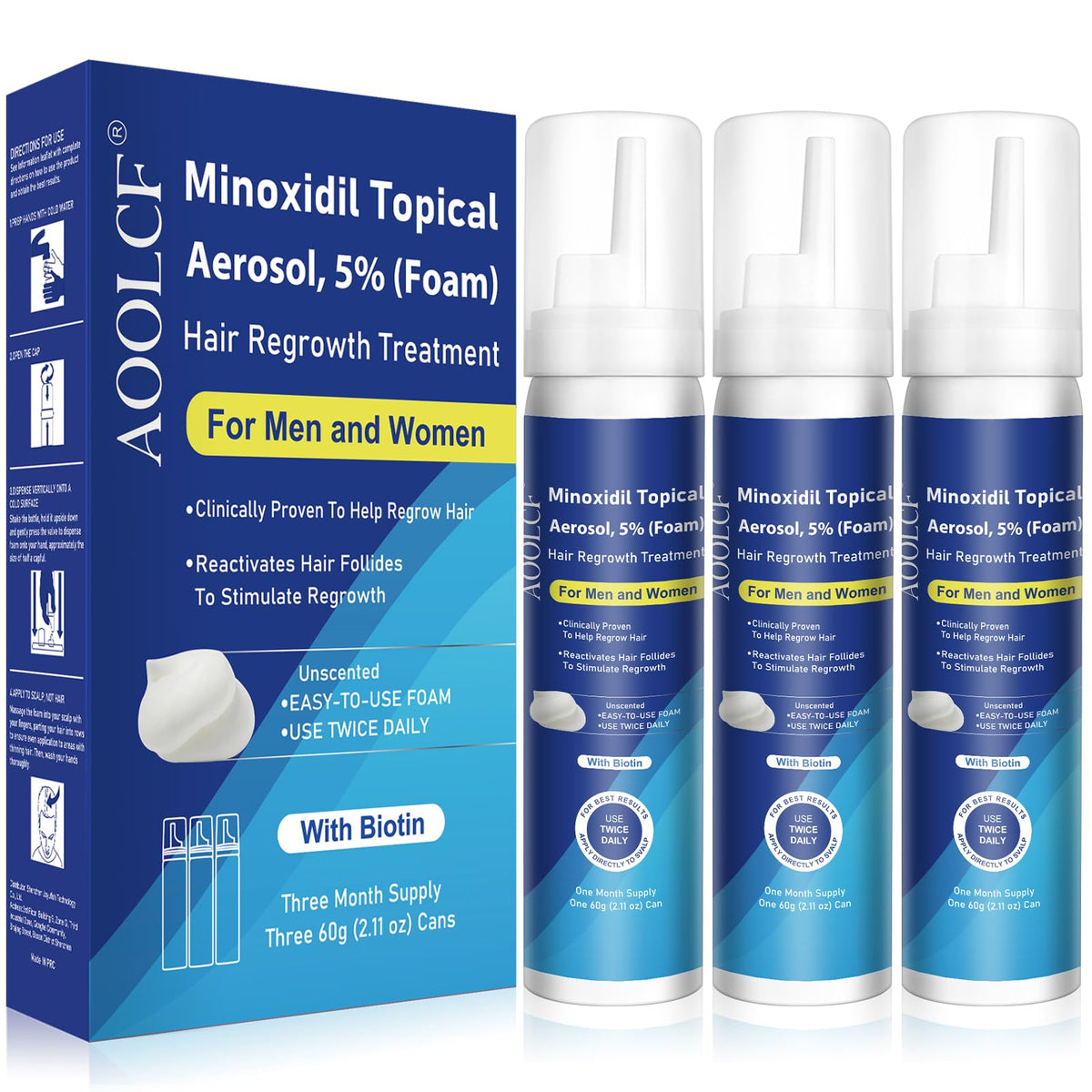 AOOLCF 5% Minoxidil Foam bottle showing the product designed for fuller hair.