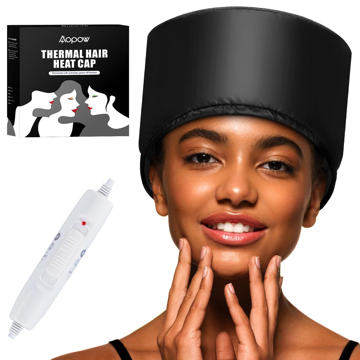 Gorra termica eléctrica de aopow lista para acondicionar el cabello en casa.