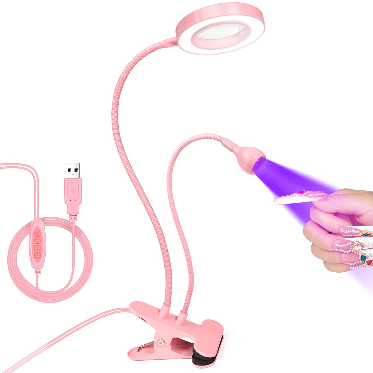Lámpara AORAEM UV/LED para uñas con doble cabezal y lupa 6X para precisión