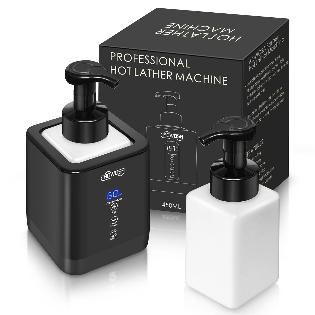 AOWOSA máquina espuma caliente, vista frontal, para un afeitado cómodo y lujoso.