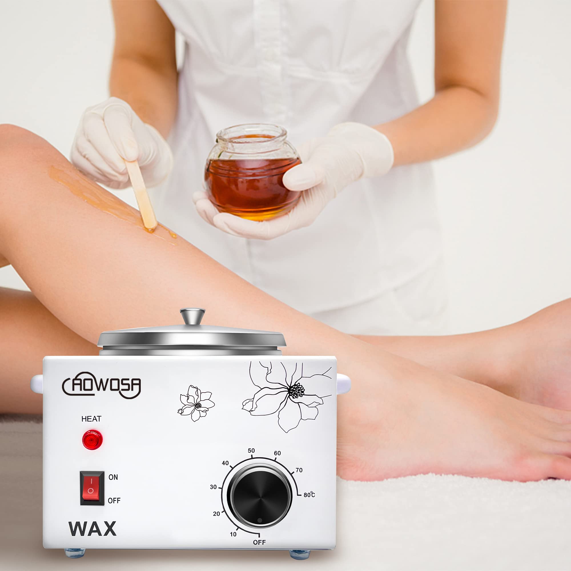 Uso profesional o doméstico con calentador de cera AOWOSA para sesiones de spa.