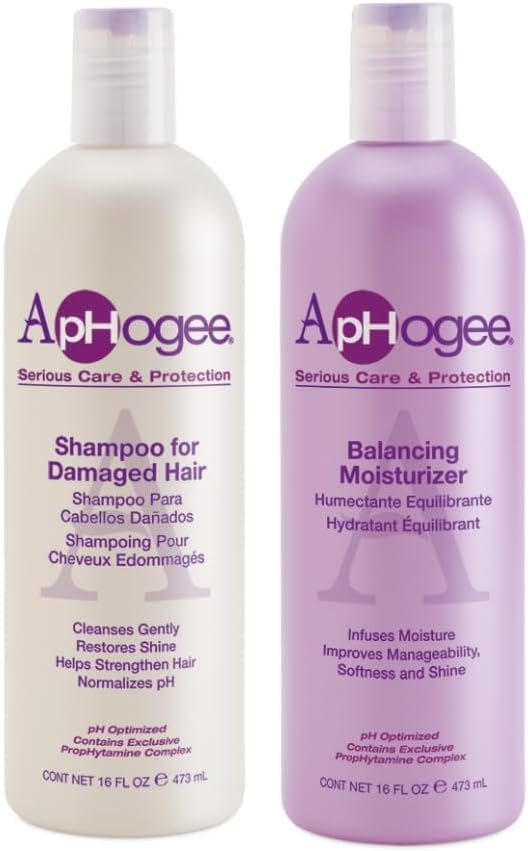 Aphogee champú para cabello dañado y acondicionador equilibrante, brillo y elasticidad.