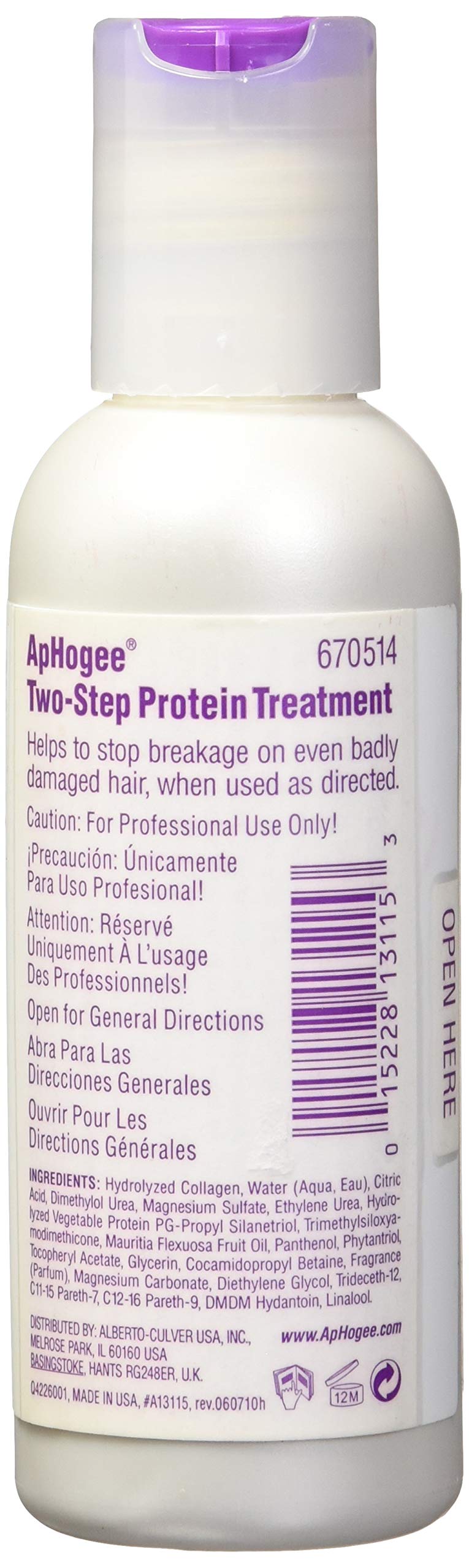 Aphogee dos pasos tratamiento proteico, botella etiqueta, cuidado intensivo del cabello.