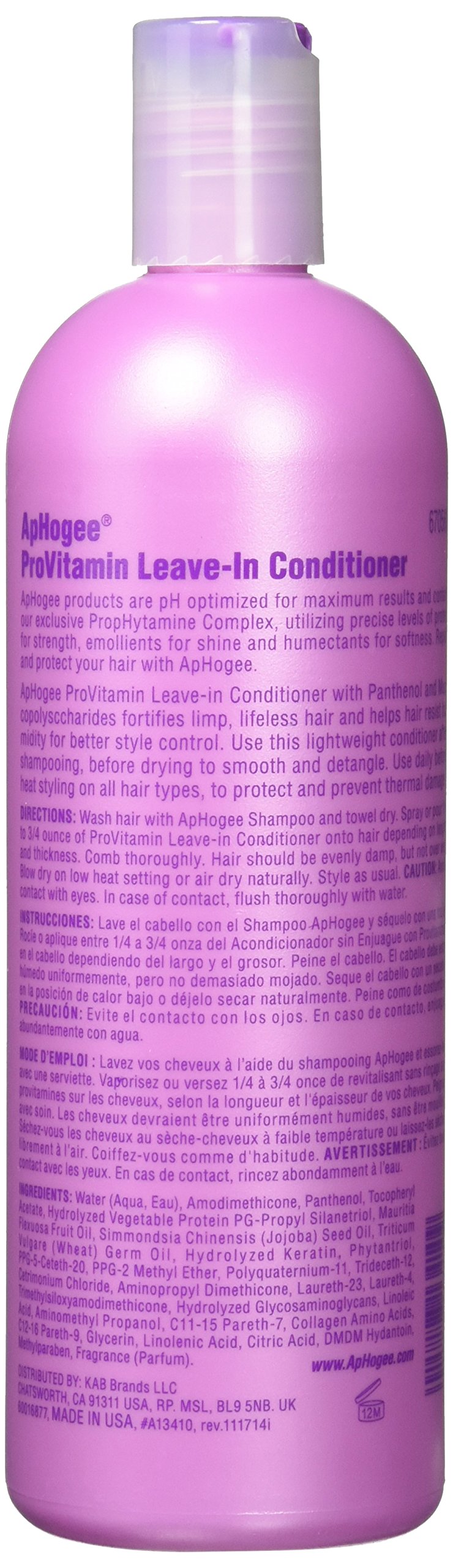 Envase práctico de Aphogee ProVitamin Leave-In con dimensiones adecuadas para almacenamiento.