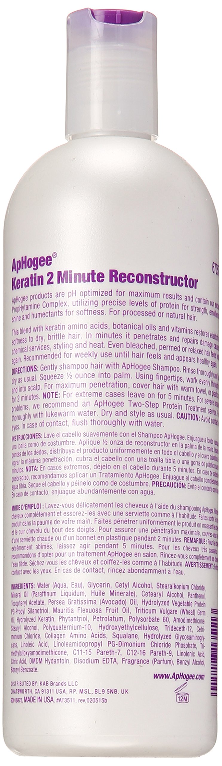 Aphogee Reconstructor de Keratina Intensivo, etiqueta, protege el cabello con té verde antioxidante.