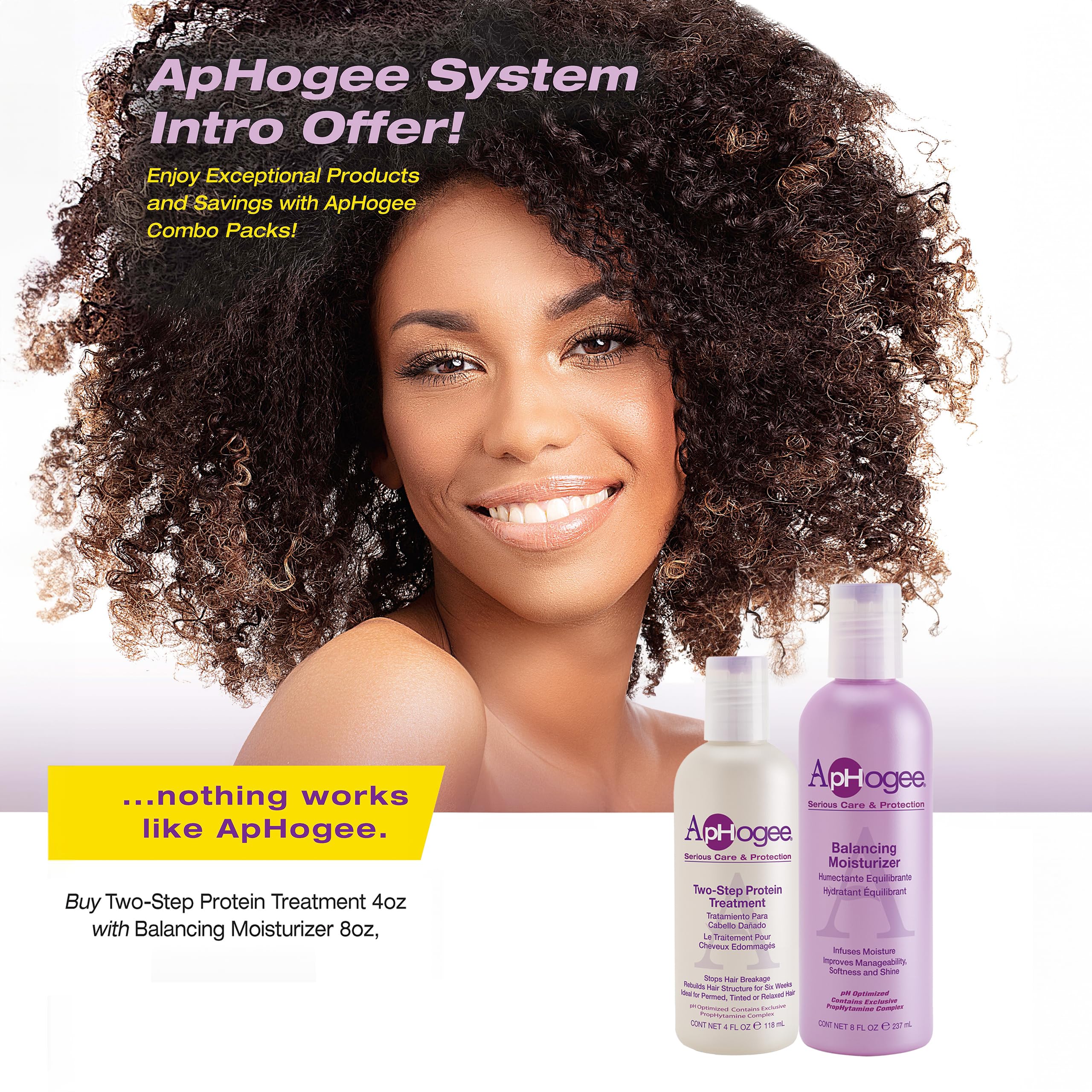 Aphogee textura cabello sedoso ofrece control y brillo natural.