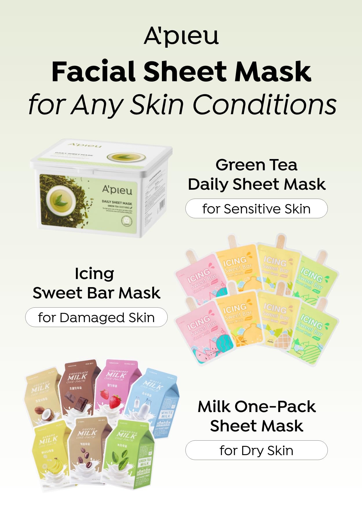 A'PIEU kit de 30 mascarillas té verde para hidratación diaria