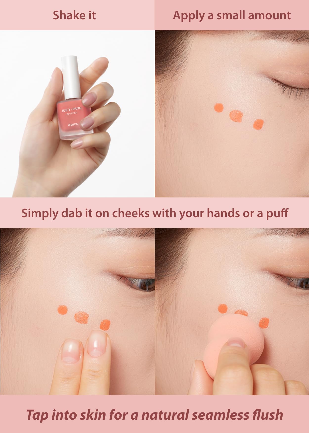 A'PIEU Juicy-Pang Water Blusher contiene extractos frutales y agua de rosa para hidratación suave.