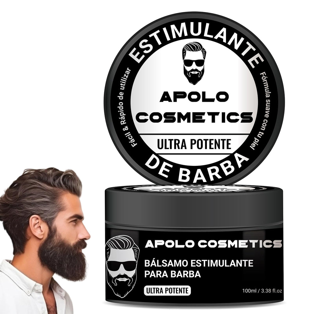 Apolo Cosmetics bálsamo para barba en envase negro, acabado pulido durante todo el día