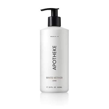 APOTHEKE Loción Vetiver Blanco, frente de la botella, hidratación rápida para piel suave.