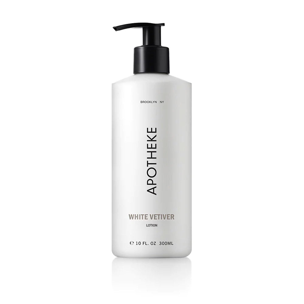 APOTHEKE Loción Vetiver Blanco, frente de la botella, hidratación rápida para piel suave.