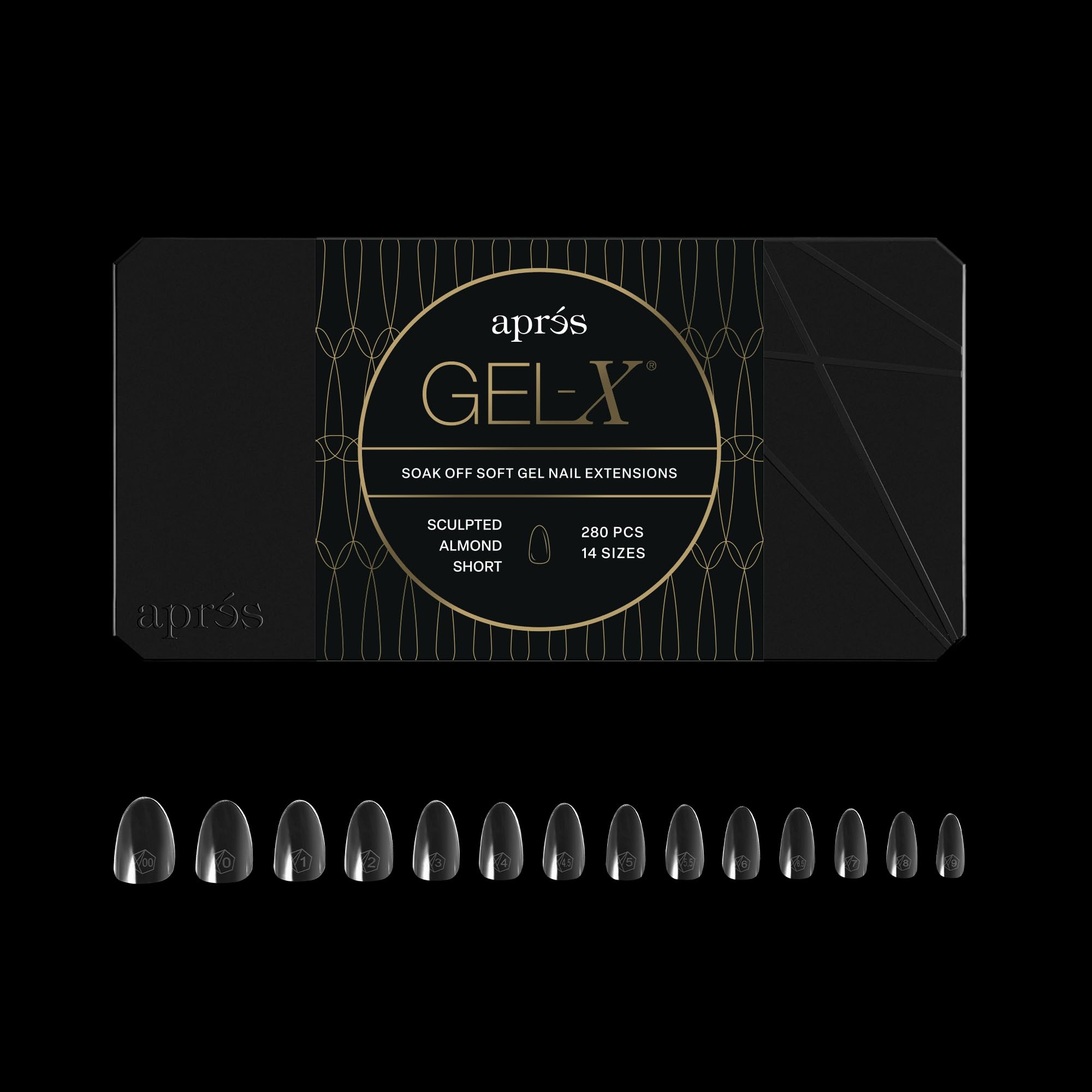 APRÉS Gel-X Almond: frontal de la caja con 280 piezas para tallas variadas.