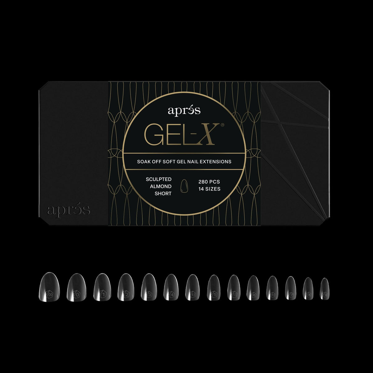 APRÉS Gel-X Almond: frontal de la caja con 280 piezas para tallas variadas.