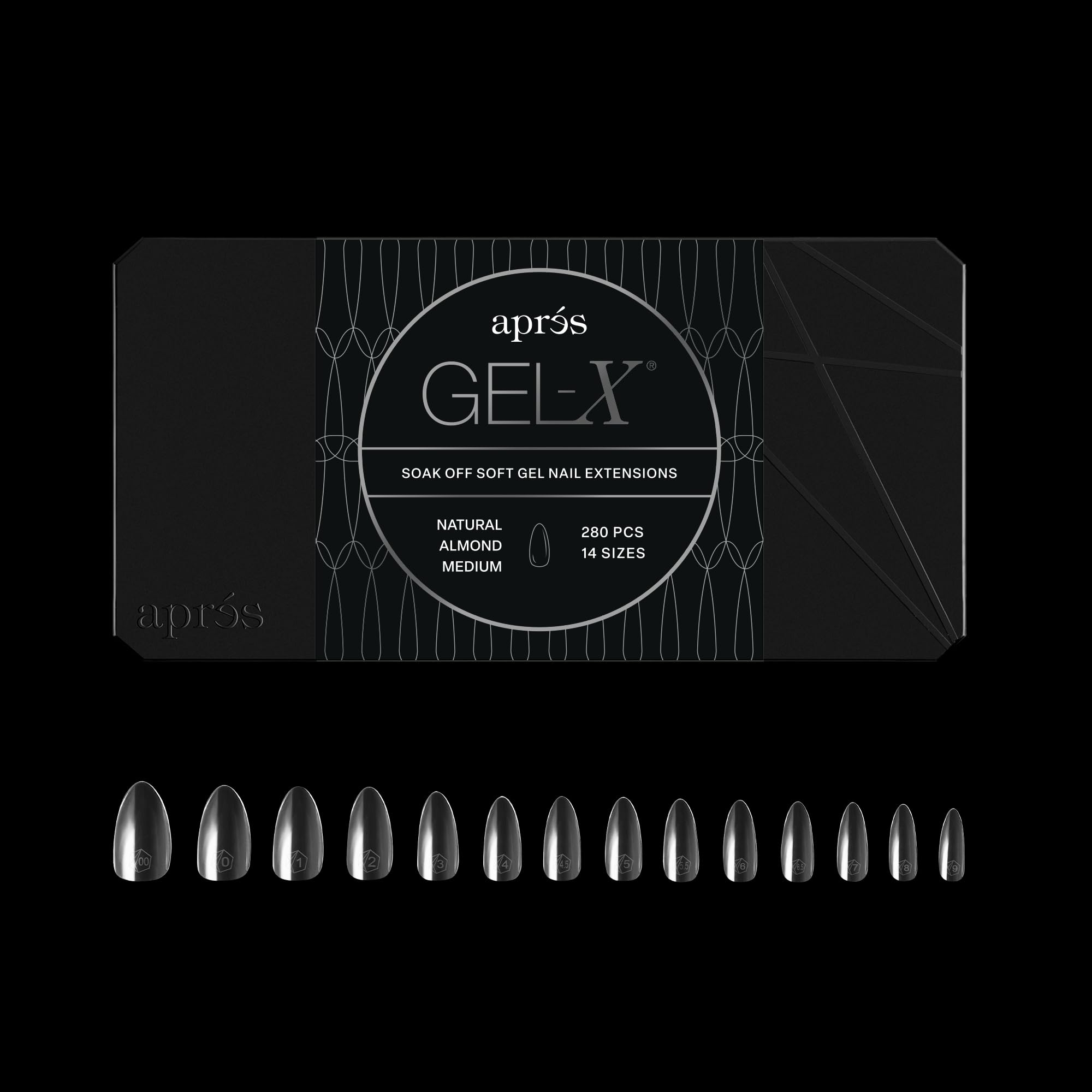 APRÉS Gel-X extenciones almendra en caja con 280 piezas para múltiples tallas.
