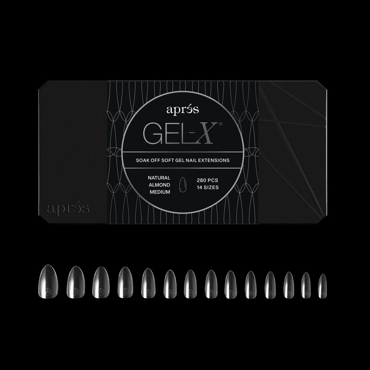APRÉS Gel-X extenciones almendra en caja con 280 piezas para múltiples tallas.