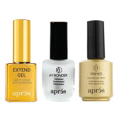 APRÉS Gel-X kit profesional, botella dorada bonder de pH para adherencia estable.