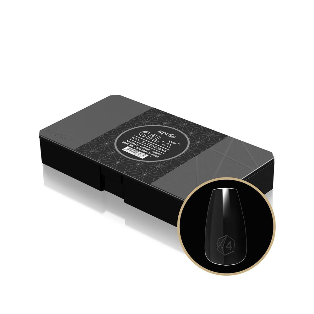 APRES Gel-X natural coffin tips neatly organized for easy sizing and professional application.