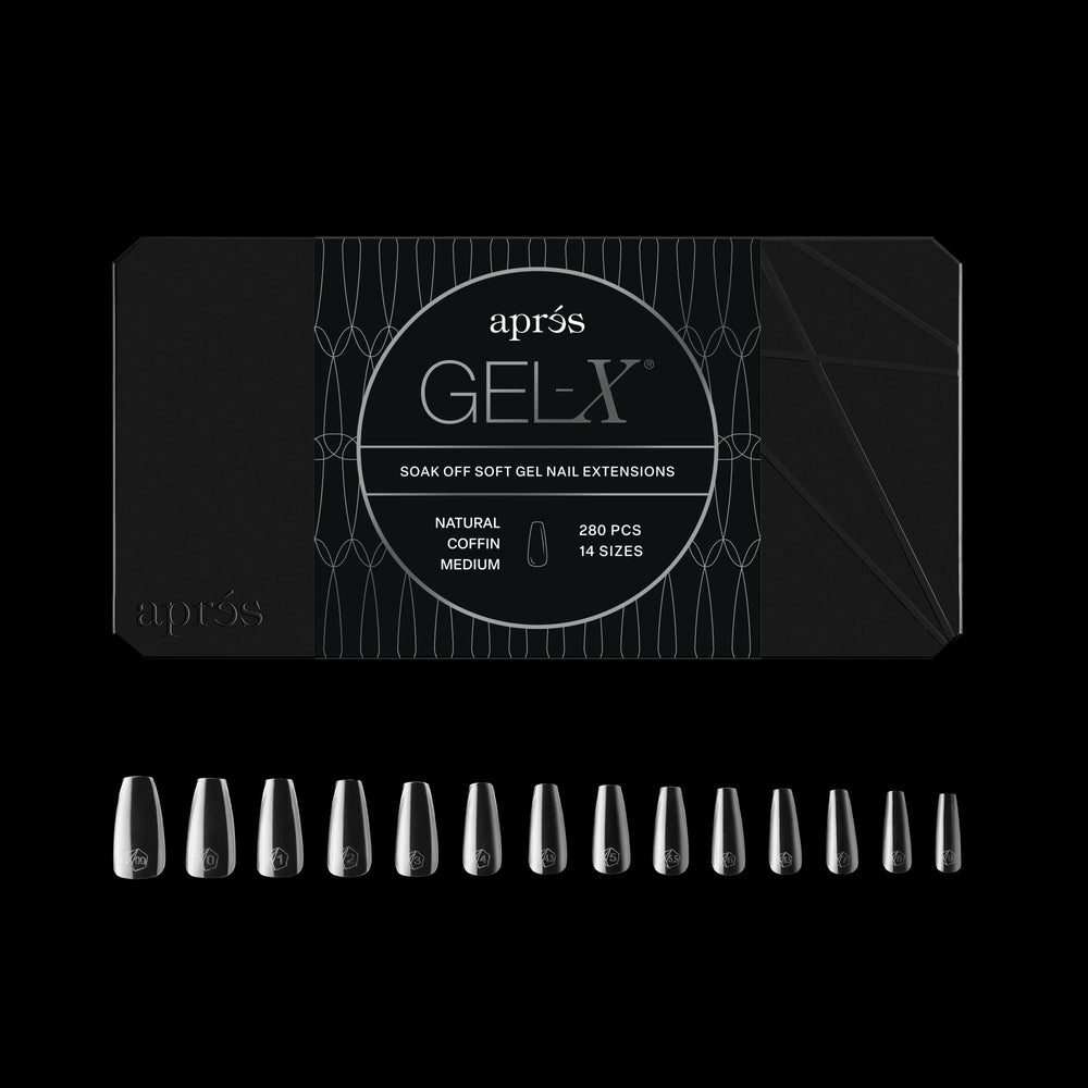 APRÉS Gel-X puntas coffin, base delgada para acabado suave y menor limado.