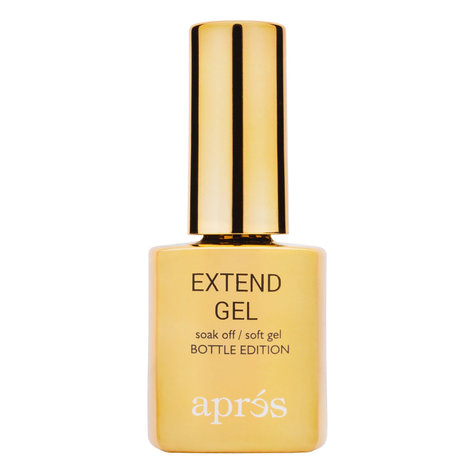 APRÉS Gel Extendido dorado en botella de 15 mL para aplicación rápida.