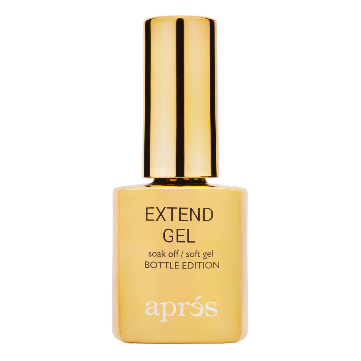 APRÉS Gel Extendido dorado en botella de 15 mL para aplicación rápida.