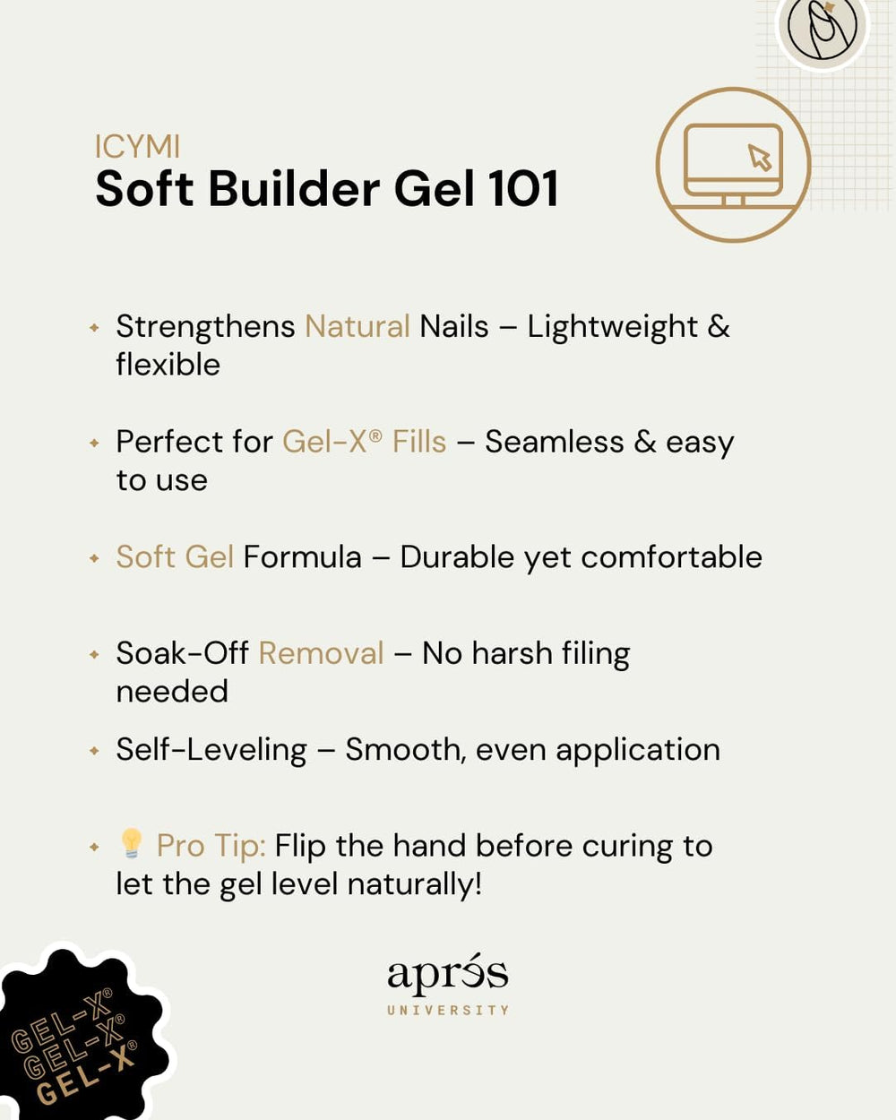 APRÉS Soft Gel Builder, superficie suave, acabado profesional en casa