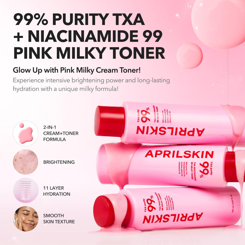 APRILSKIN Toner rosa lechoso, textura sedosa con absorción rápida para uso diario.