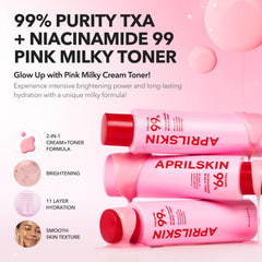 APRILSKIN Toner rosa lechoso, textura sedosa con absorción rápida para uso diario.
