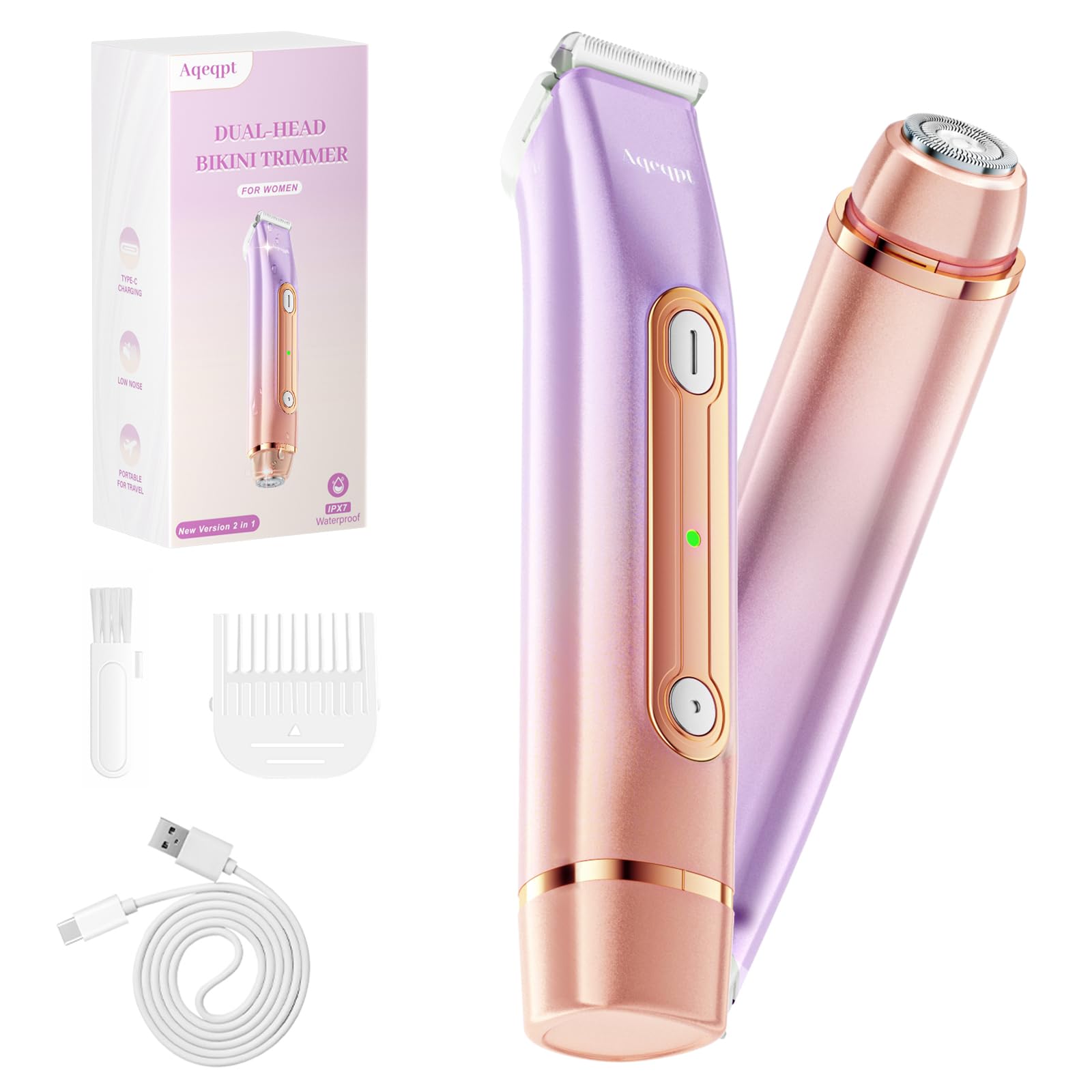 Aqeqpt Lady Bikini Trimmer con dos cabezas para recorte preciso en rostro y cuerpo.
