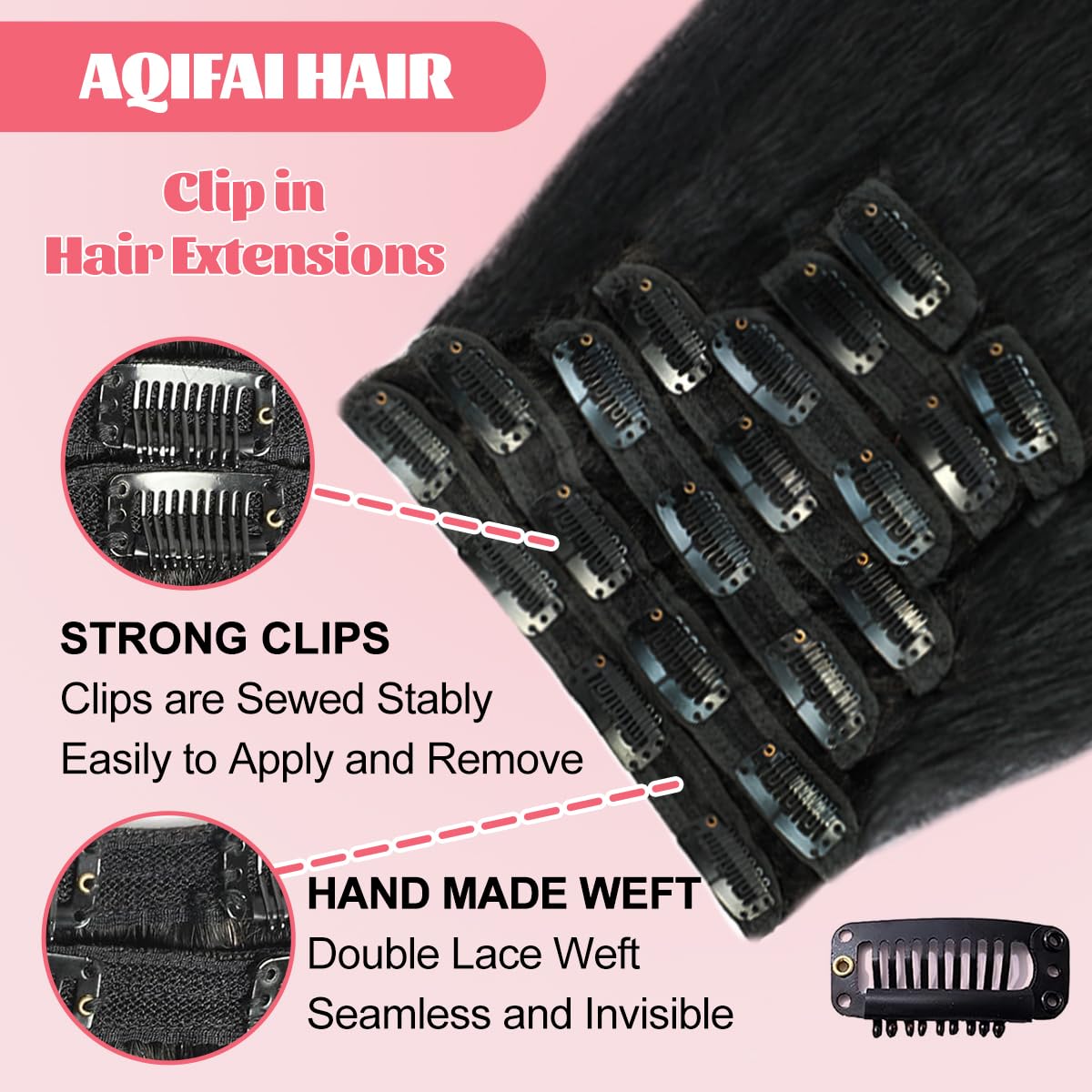 Aqifai clip-in con 20 clips para sujeción segura y uso fácil.