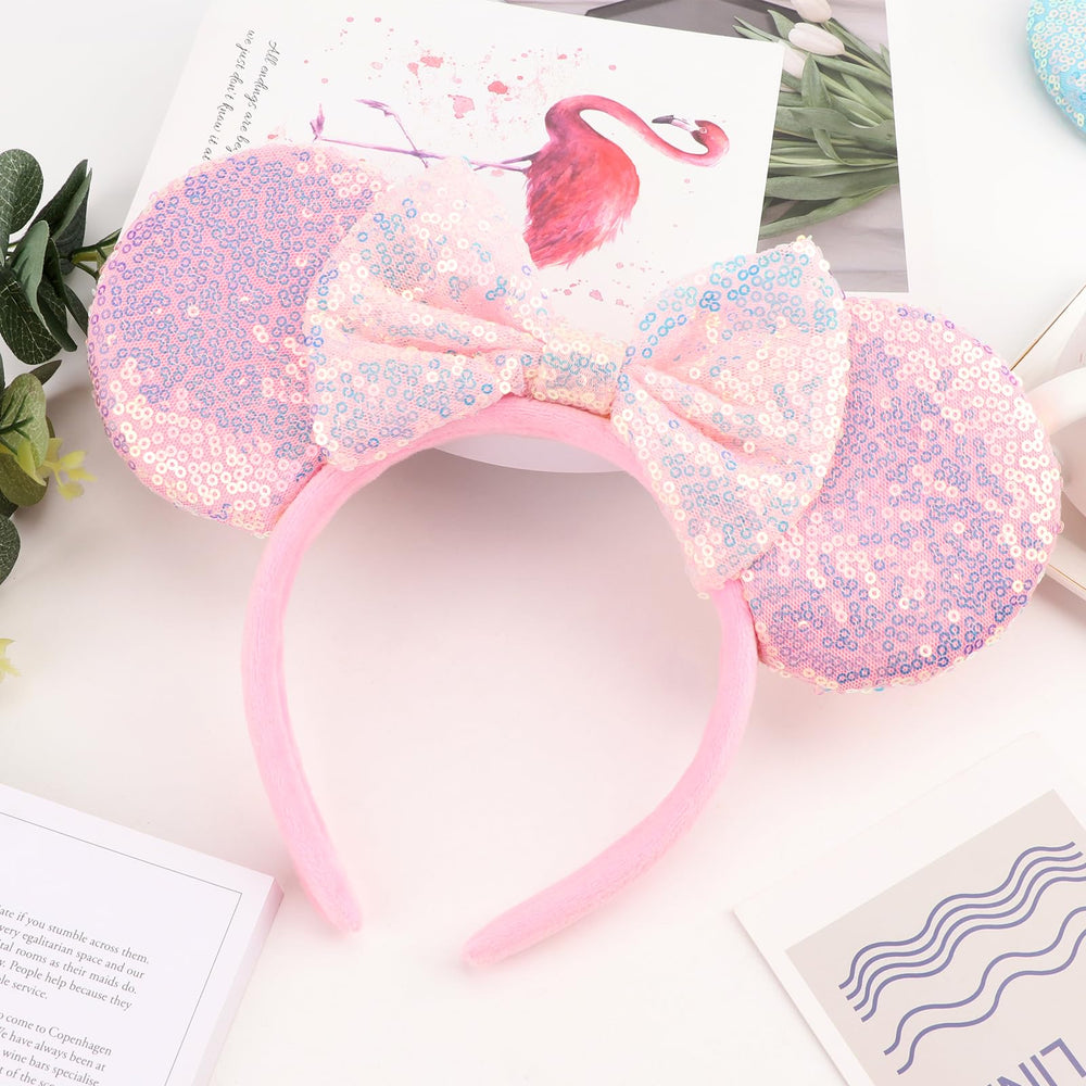 AQOKKA diadema orejas ratón brillantes, primer plano de lentejuelas para look glamoroso.