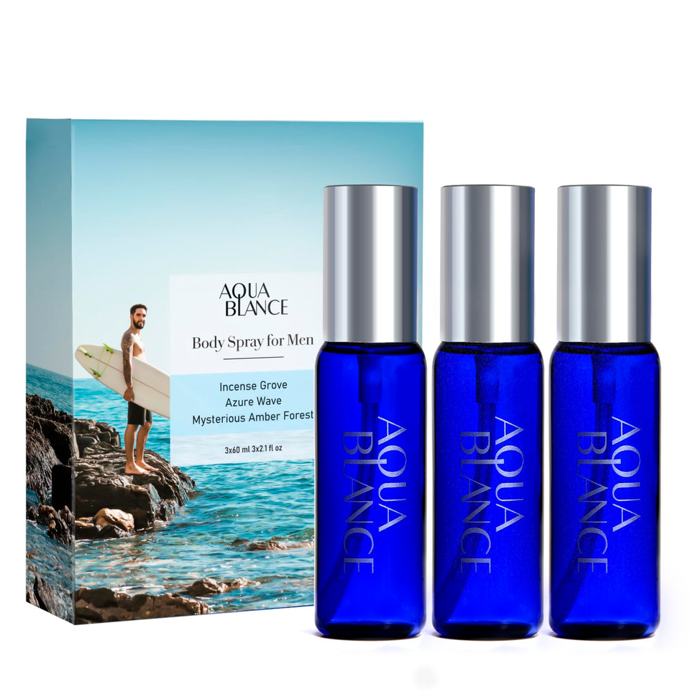 AQUA BLANCE spray corporal para hombre, botella visible y fresca para uso diario.
