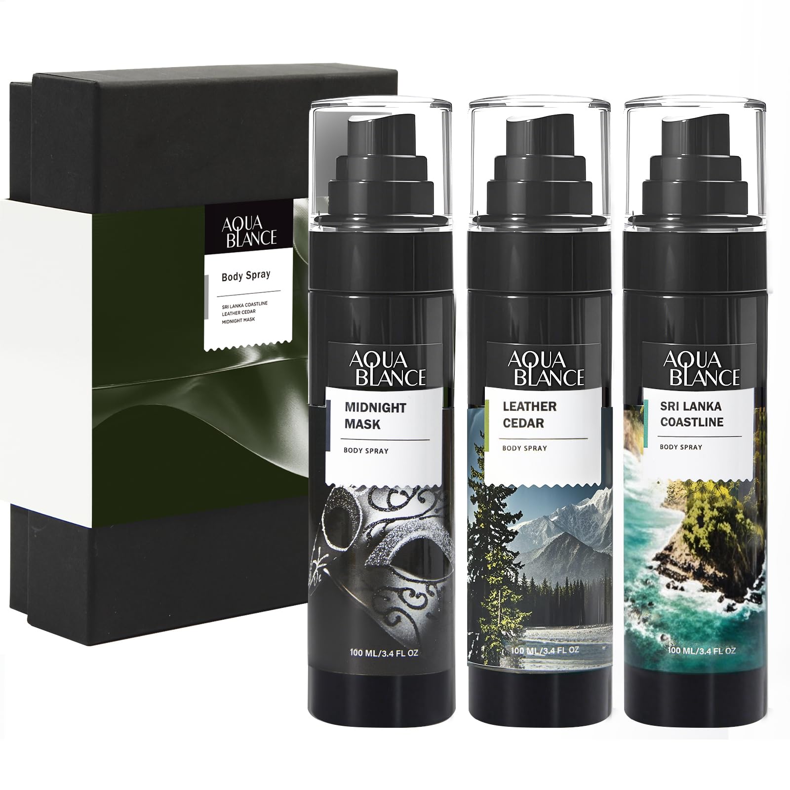 AQUA BLANCE spray corporal para hombres, enfoque en el envase y frescura duradera.
