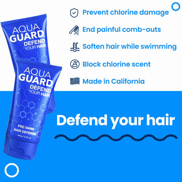 Manos aplicando AQUA GUARD en cabello antes de nadar