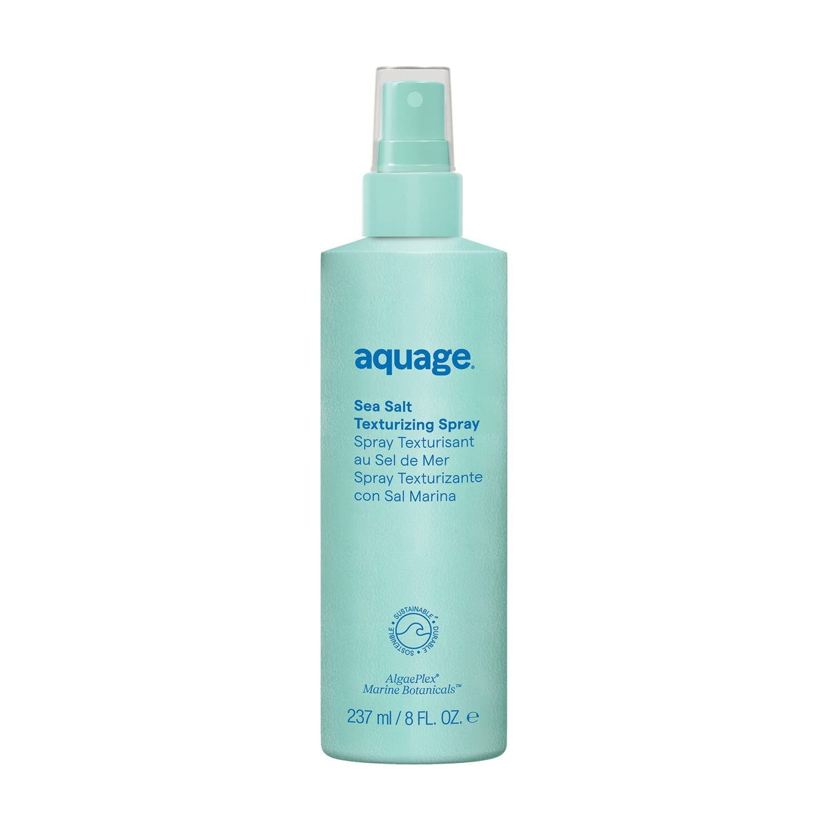 Aquage muestra la botella frontal, ideal para fijación y volumen.