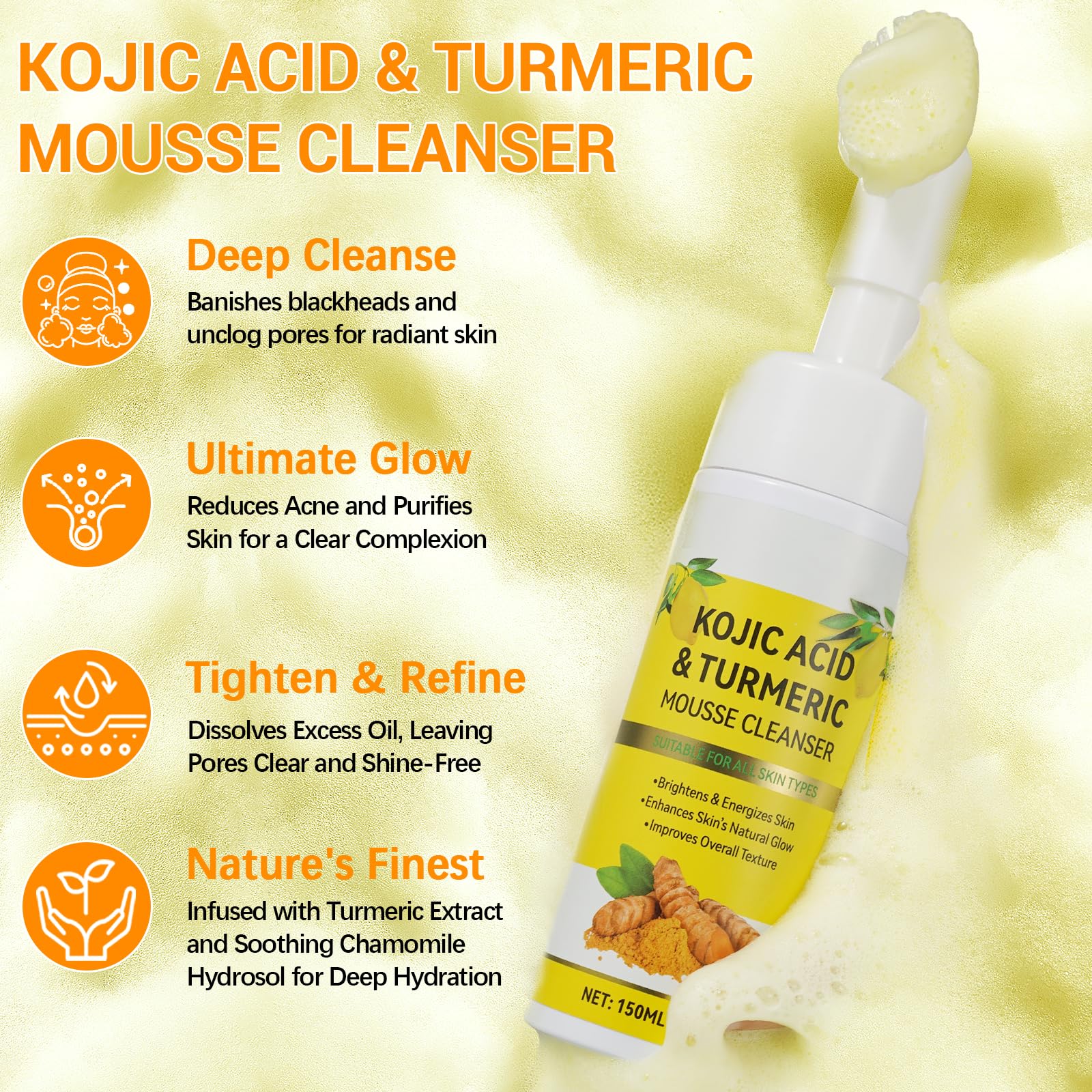 A r b c r n Turmeric Cleansing Mousse, espuma facial que limpia sin irritar