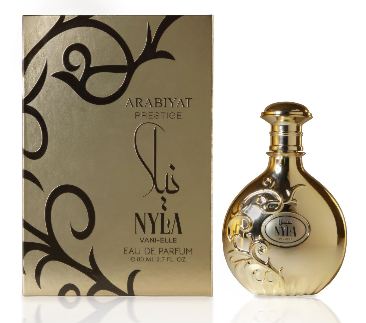 ARABIYAT PRESTIGE Nyla Vani-Elle: botella dorada, aroma elegante para ocasiones especiales.