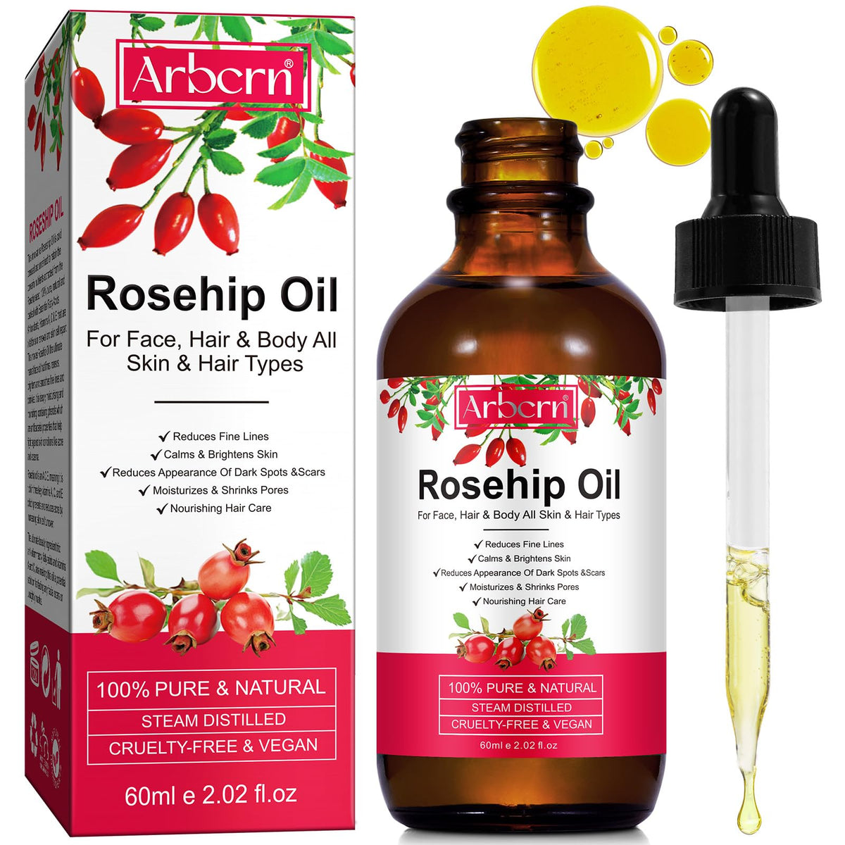 A r b c r n botella de aceite de rosa mosqueta para piel nutrida.