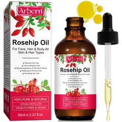 A r b c r n botella de aceite de rosa mosqueta para piel nutrida.